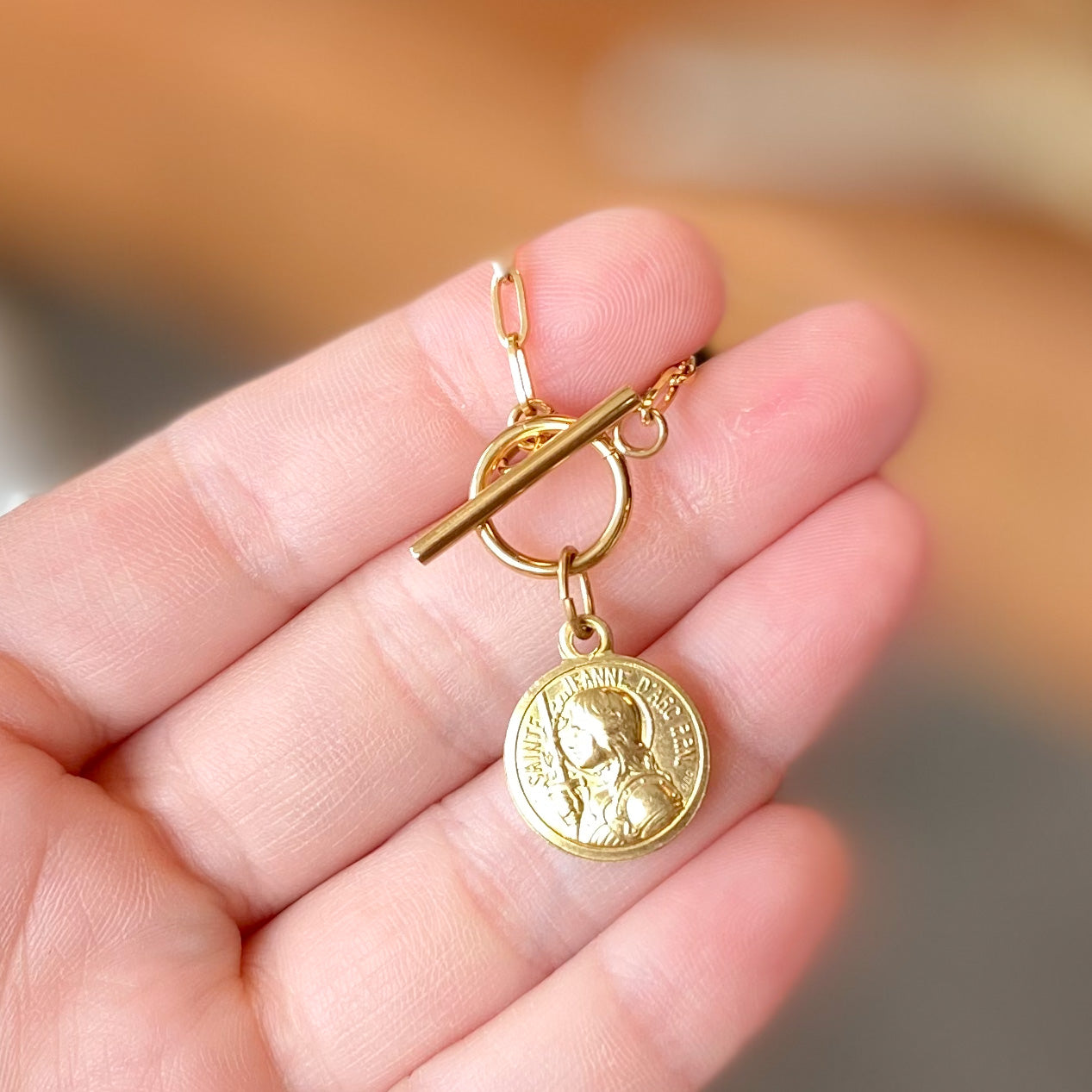Gold Toggle Necklace with Antique Medal