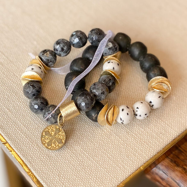 Dalmatian Stone and Antique Medal Rosary Bracelet Stack