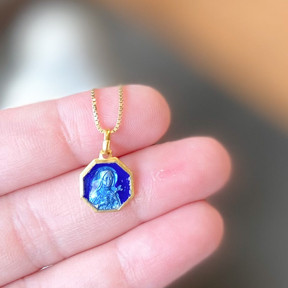 Blue Enamel Antique Medal Necklace on Box Chain