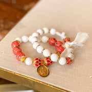 Red and White Cloisonne and Mother of Pearl Rosary Bracelet Stack