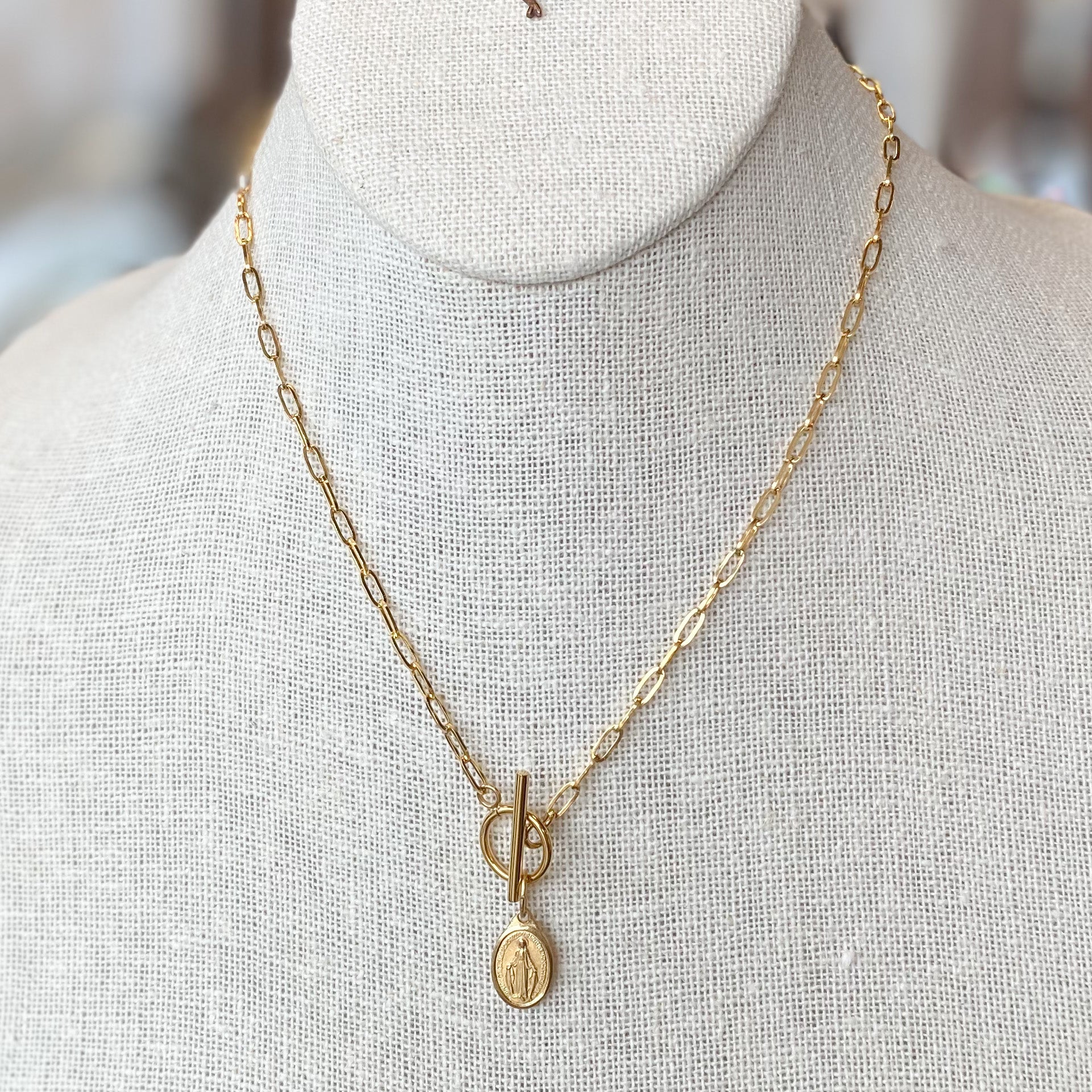 Gold Toggle Necklace with Antique Medal