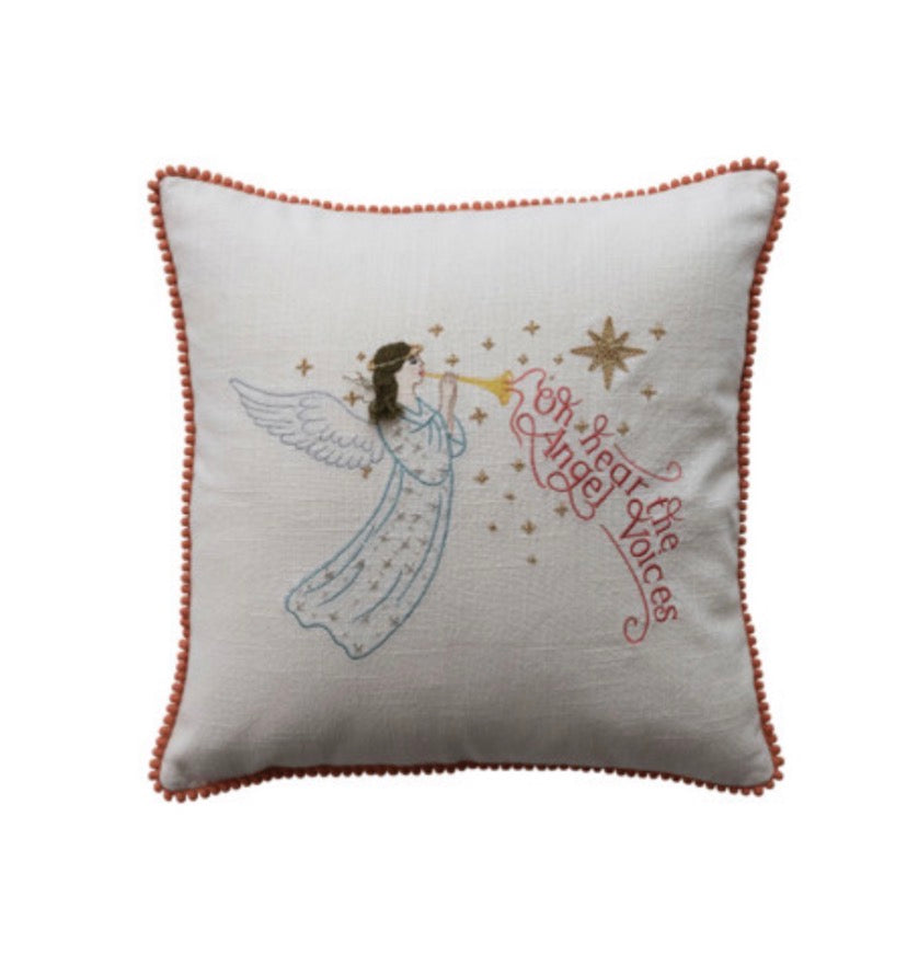 Cotton Printed Pillow w Pom Pom Trim, 2 Images, 2 Sayings