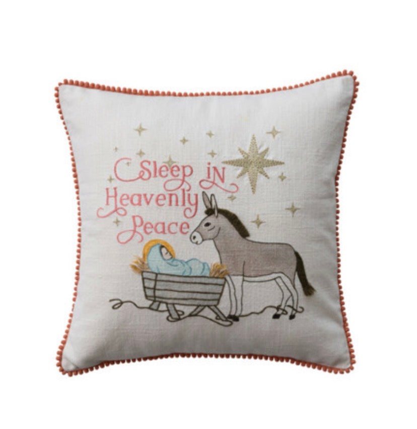 Cotton Printed Pillow w Pom Pom Trim, 2 Images, 2 Sayings