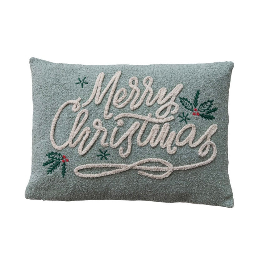 Woven Fabric Lumbar Pillow w Embroidery Merry Christmas
