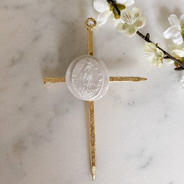 Gold Leaf Cross with Our Lady of Fatima Intaglio Home & Decor Crossroads Collective