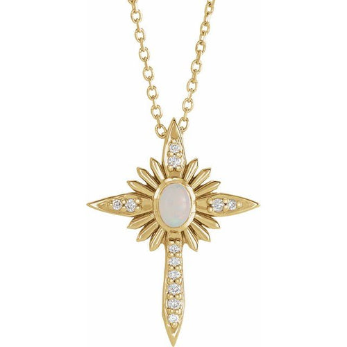 14K Yellow Natural White Opal & .06 CTW Natural Diamond Nativity Cross 16-18" Necklace Jewelry Crossroads Collective