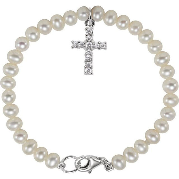 Sterling Silver Freshwater Pearl & Cubic Zirconia Cross 5.5" Bracelet Crossroads Collective