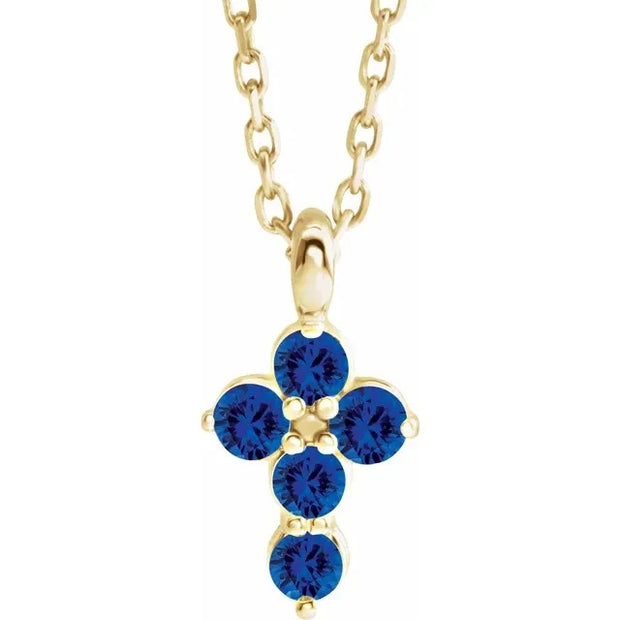 14K Yellow Blue Sapphire Cross 16-18" Necklace Crossroads Collective