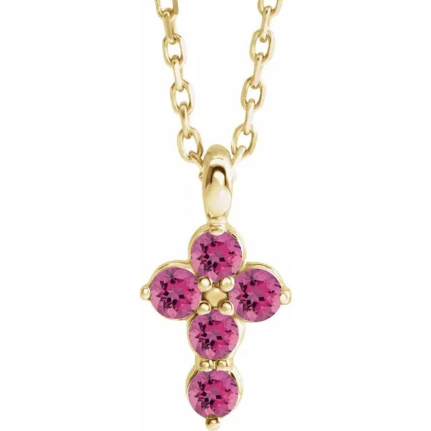 14K Yellow Pink Tourmaline Cross 16-18" Necklace Crossroads Collective