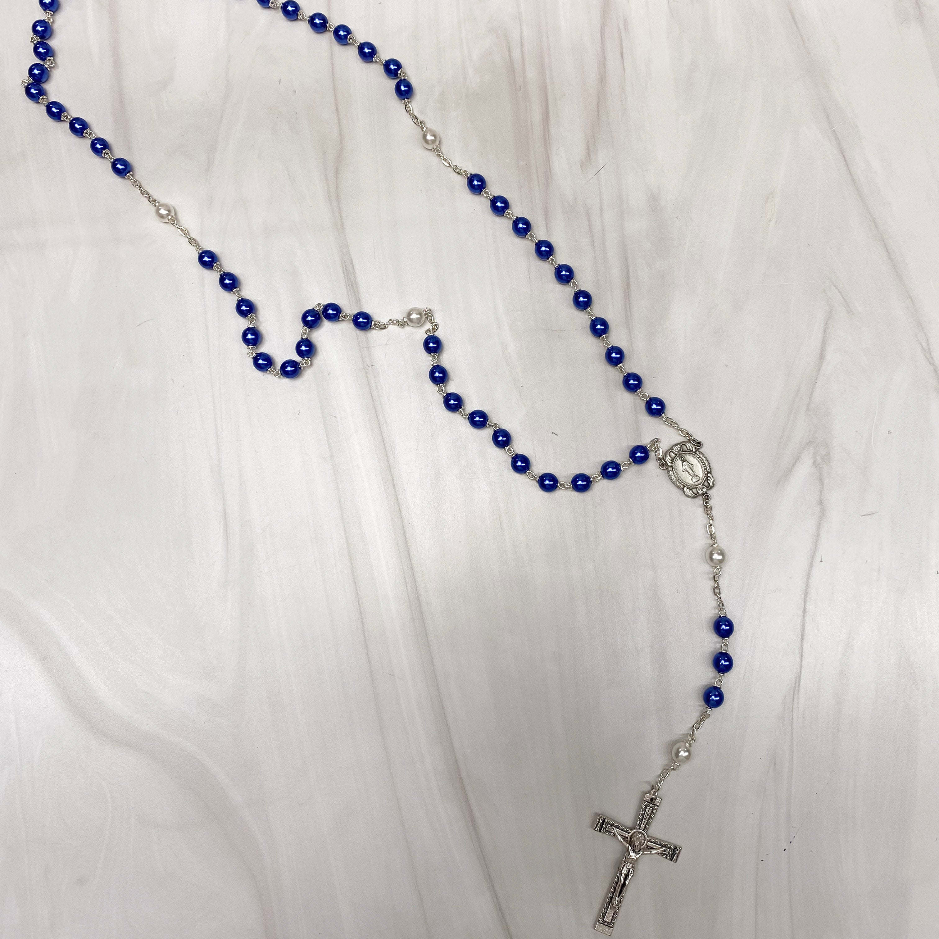 Blue-White 7mm Pearl Rosary with box Rosary Crossroads Collective