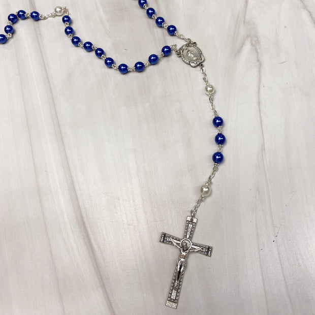 Blue-White 7mm Pearl Rosary with box Rosary Crossroads Collective