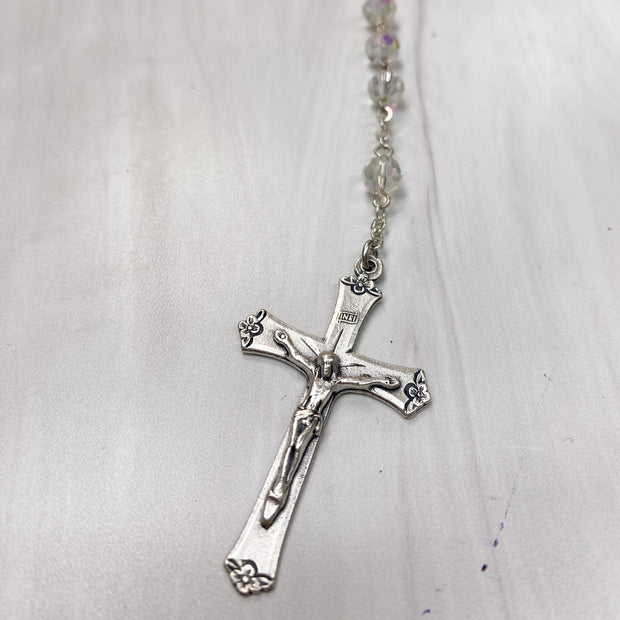 7mm Crystal Bead Rosary with a Deluxe Center and Crucifix Boxed Rosary Crossroads Collective