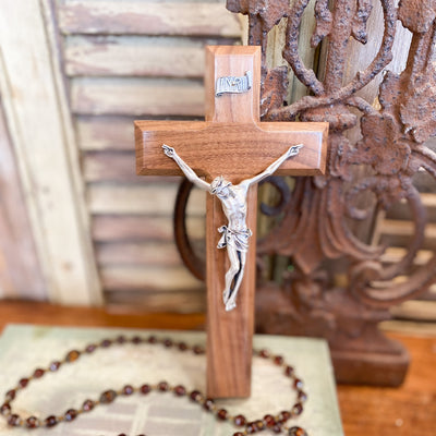 9" Walnut Cross with a Silver Plated Corpus