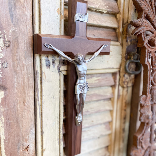 12" Walnut Wood Crucifix with Pewter Corpus Crossroads Collective