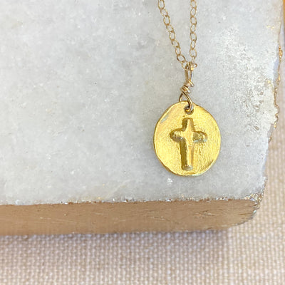 18k Gold Small Round Cross Necklace