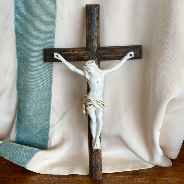 Wood and Ceramic Antique Crucifix