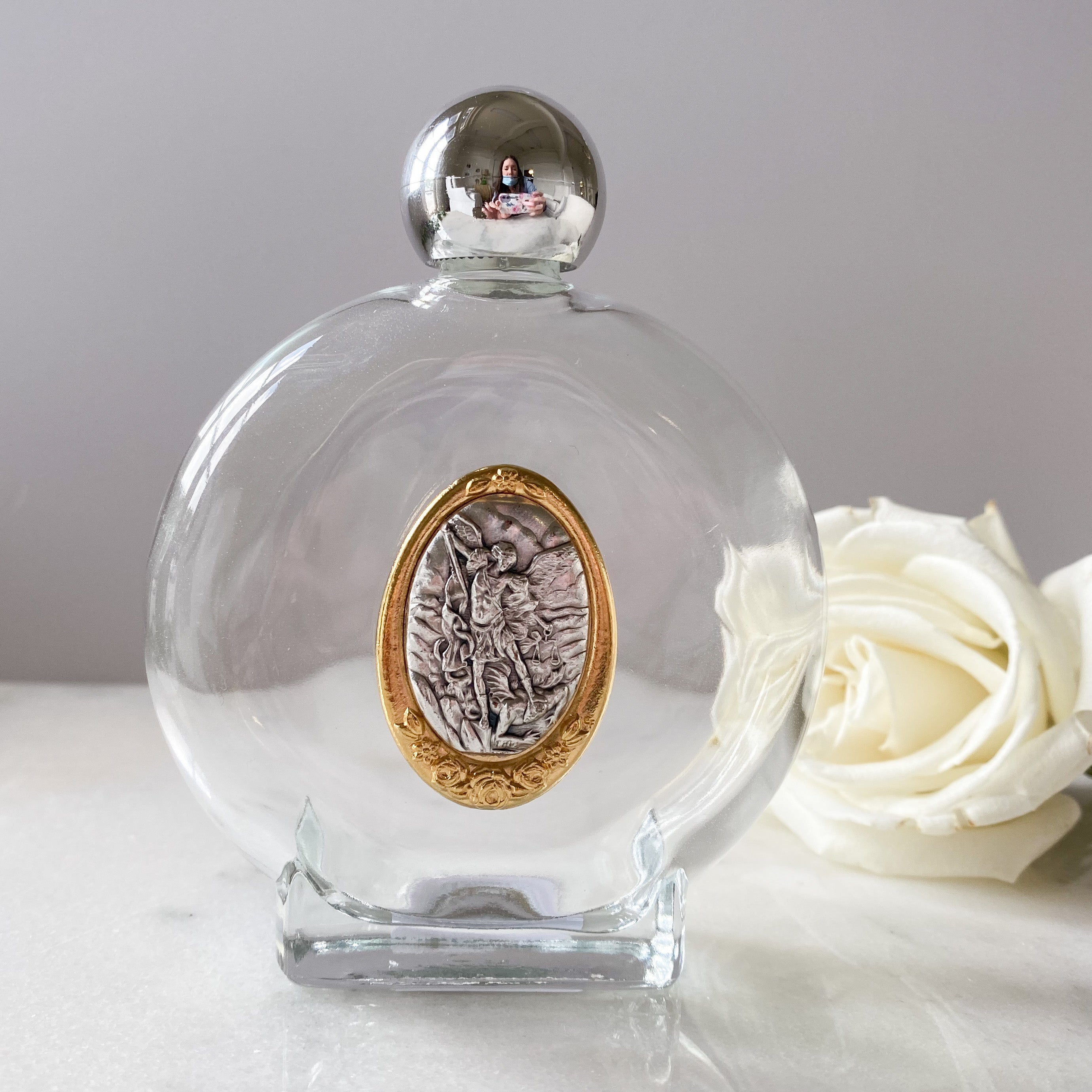 Glass Holy Water Bottle with St. Michael Medal Holy Water Bottle Crossroads Collective