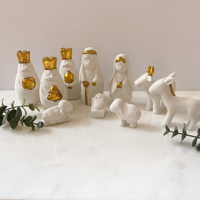 Porcelain and Gold Nativity, Set of 10 Christmas Crossroads Collective