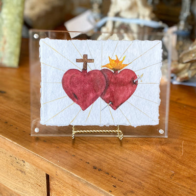 5"x7" Sacred and Immaculate Hearts Original Watercolor in Acrylic Frame by Lorraine Rabalais