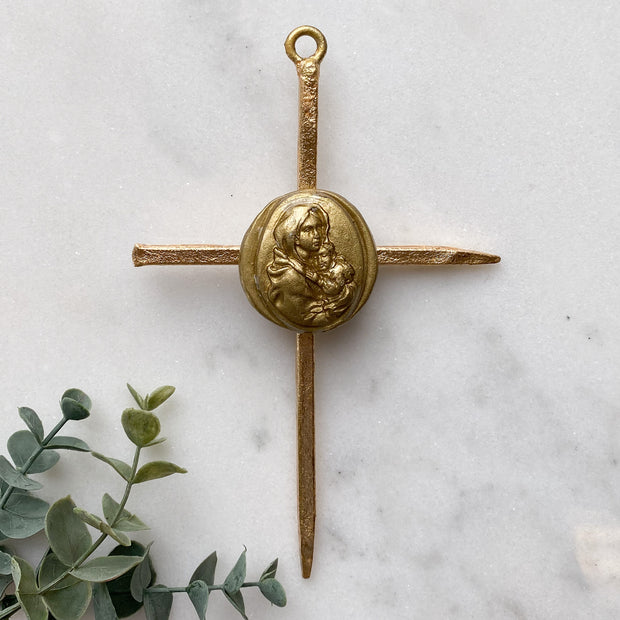Gold Leaf Cross with Mother & Child Intaglio Home & Decor Crossroads Collective