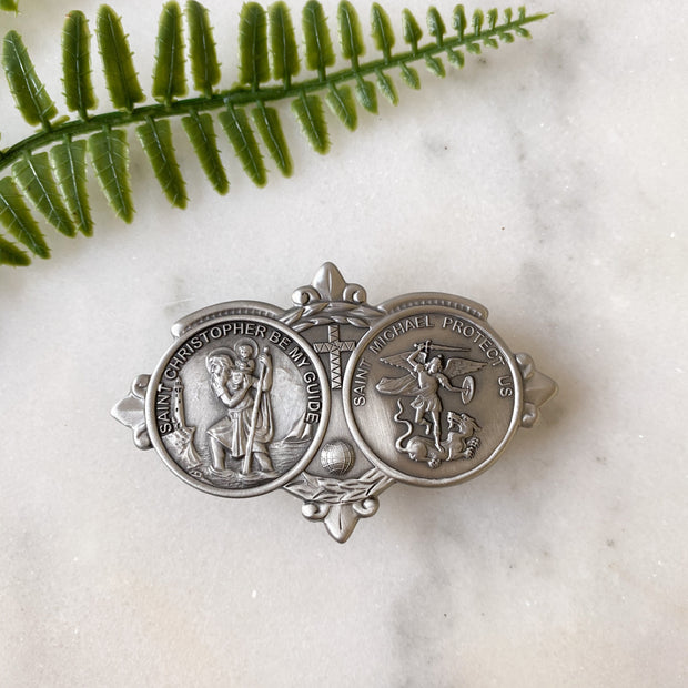 Silver Finish St. Christopher and St Michael Visor Clip Visor Clip Crossroads Collective