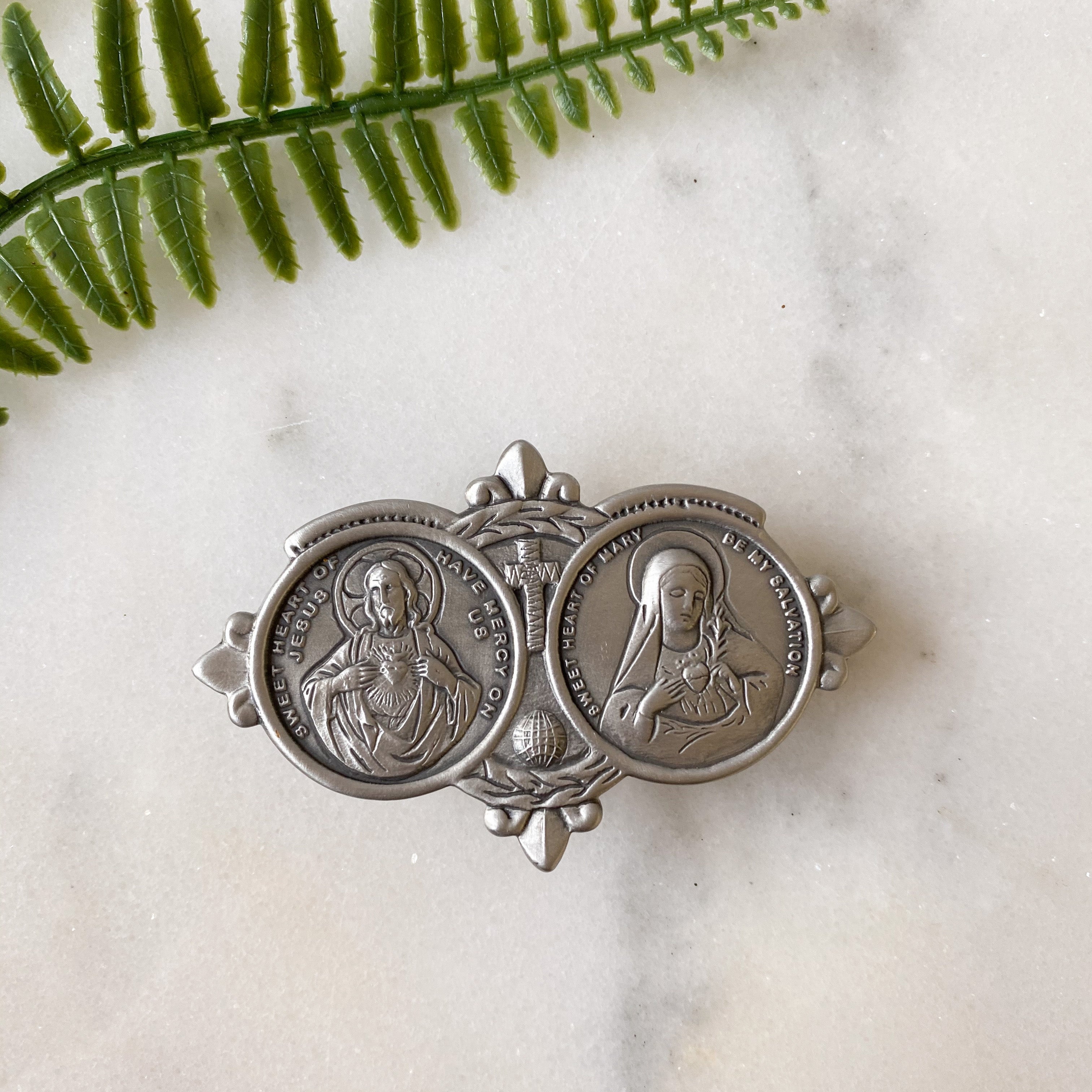 Silver Finish Sacred and Immaculate Hearts Visor Clip Visor Clip Crossroads Collective