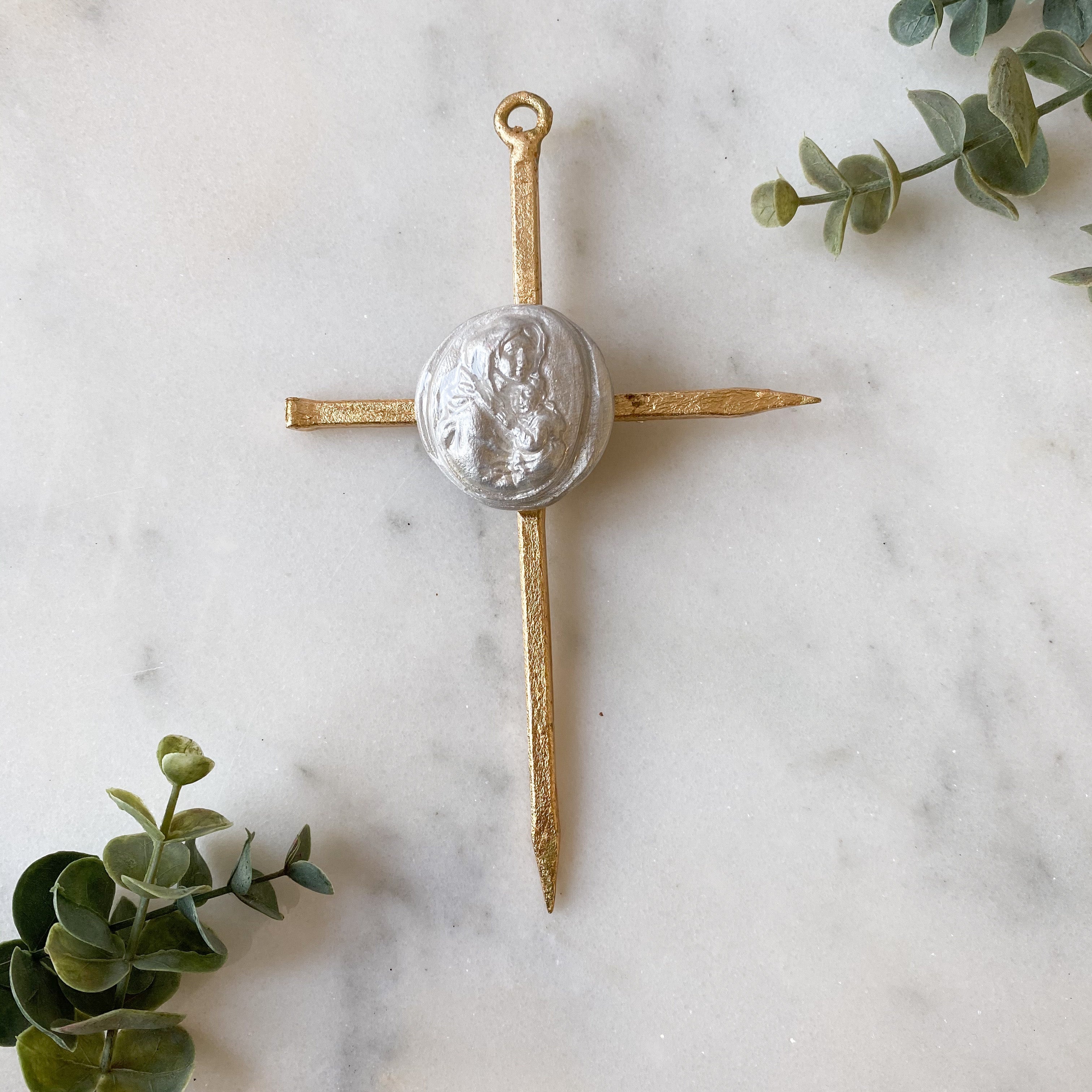 Gold Leaf Cross with Mother & Child Intaglio Home & Decor Crossroads Collective