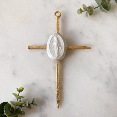 Gold Leaf Cross with Miraculous Medal Intaglio Home & Decor Crossroads Collective