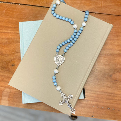Blue and Pearl Miraculous Medal Rosary