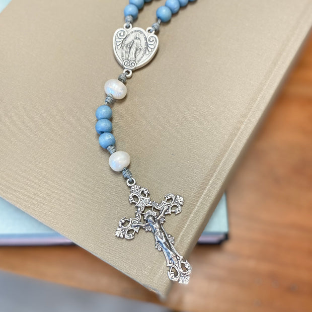 Blue and Pearl Miraculous Medal Rosary