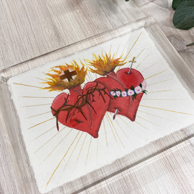 Sacred and Immaculate Hearts Original Watercolor in Acrylic Frame by Lorraine Rabalais Home & Decor Crossroads Collective