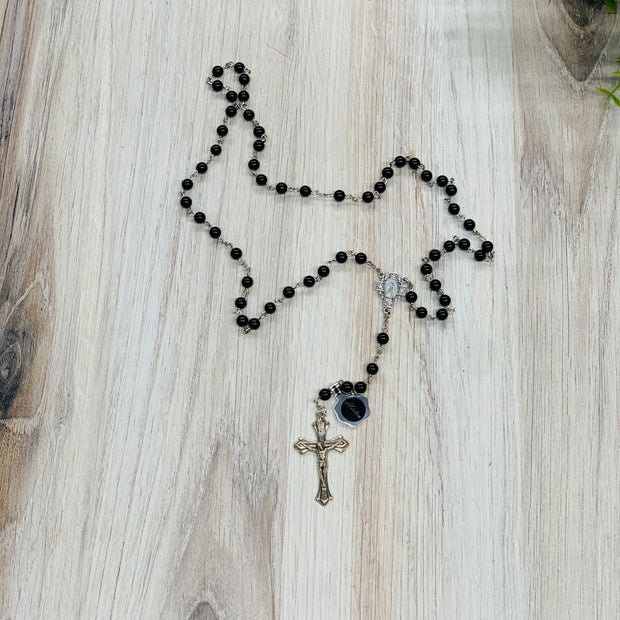 6mm Black Onyx Bead Rosary with Deluxe Silver Plated Centerpiece and Crucifix Crossroads Collective