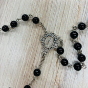 6mm Black Onyx Bead Rosary with Deluxe Silver Plated Centerpiece and Crucifix Crossroads Collective