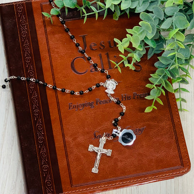 4mm Onyx Gemstone Bead Rosary in a Grey Velvet Box Rosaries & Praying Crossroads Collective