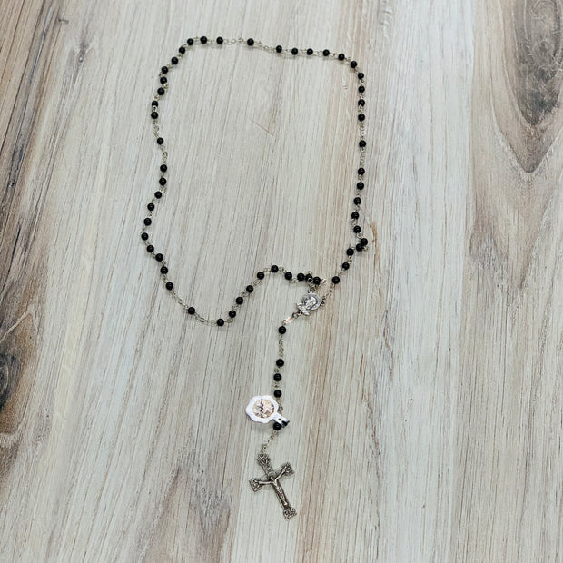 4mm Onyx Gemstone Bead Rosary in a Grey Velvet Box Rosaries & Praying Crossroads Collective