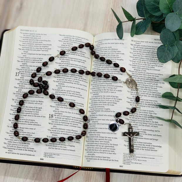 Maroon Wood Oval Bead Rosary Rosaries & Praying Crossroads Collective