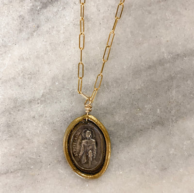 St. Peregrine with detail accented with 22k on gold filled chain Jewelry Crossroads Collective