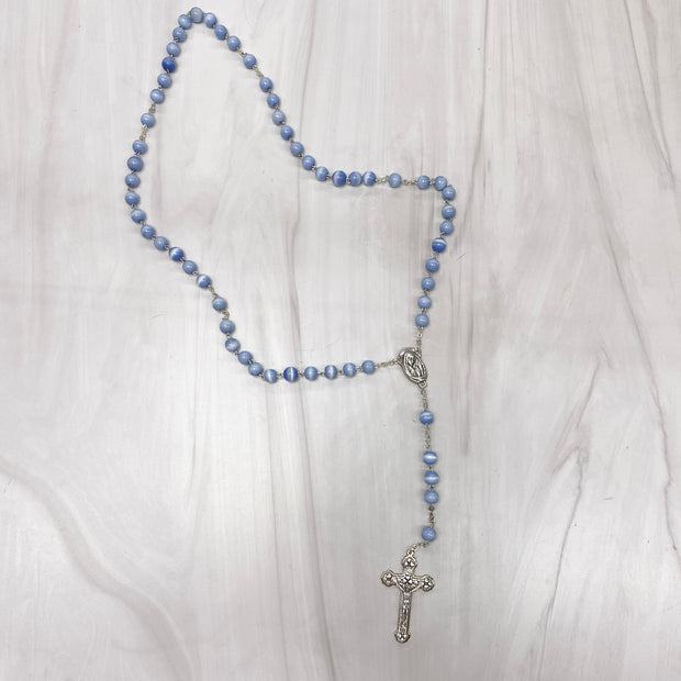 8mm Imitation Blue Mother of Pearl Blue Rosary in a Grey Velvet Box Rosary Crossroads Collective