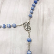 8mm Imitation Blue Mother of Pearl Blue Rosary in a Grey Velvet Box Rosary Crossroads Collective