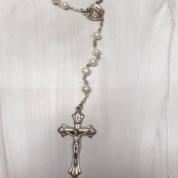 White Freshwater Pearl Bead Rosary Rosary Crossroads Collective