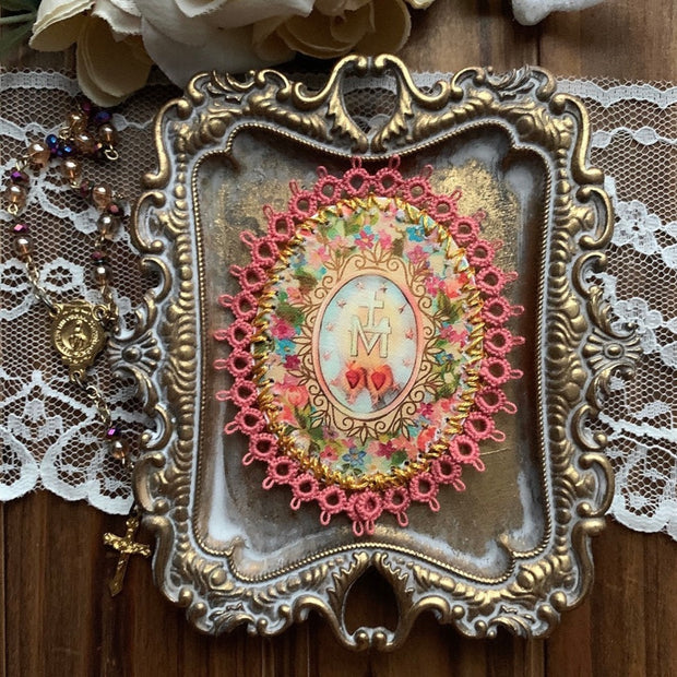Miraculous Medal Floral Fabric Lace Holy Card Detente- Coral Prayer Cards Crossroads Collective