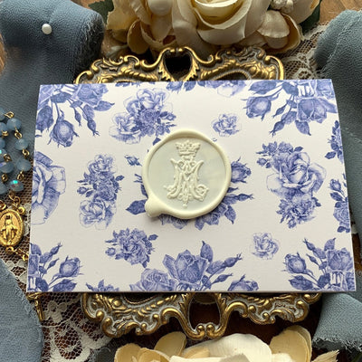 Blue French Floral Marian Wax Seal 4 baronial folding card Stationery Crossroads Collective