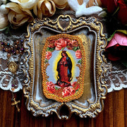 Our Lady of Guadalupe Gold Trim Fabric Holy Card Detente Prayer Cards Crossroads Collective