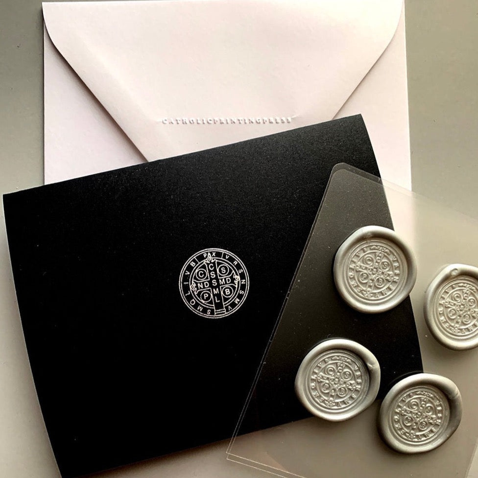 Saint Benedict Silver Foil Letterpress cards 4 pack box set Stationery Crossroads Collective