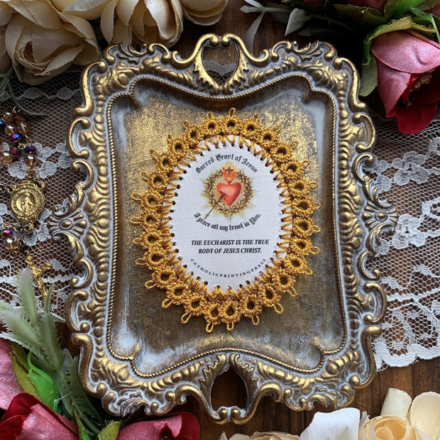 The Eucharist is Jesus Christ mini fabric gold lace holy card detente Prayer Cards Crossroads Collective