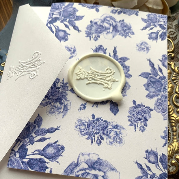 Blue French Floral Marian Wax Seal 4 baronial folding card Stationery Crossroads Collective