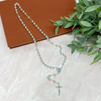 5mm Blue Glass Bead Communion Rosary with a Blue Enameled Chalice and Crucifix Boxed Crossroads Collective