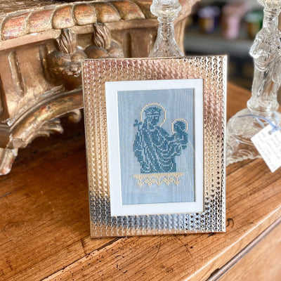 Handmade Cross-stitched Mary and Child in Silver Frame with Mat Crossroads Collective