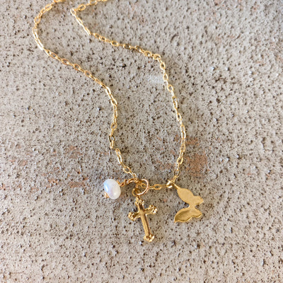 Butterfly Cross Necklace 16" with Pearl Crossroads Collective