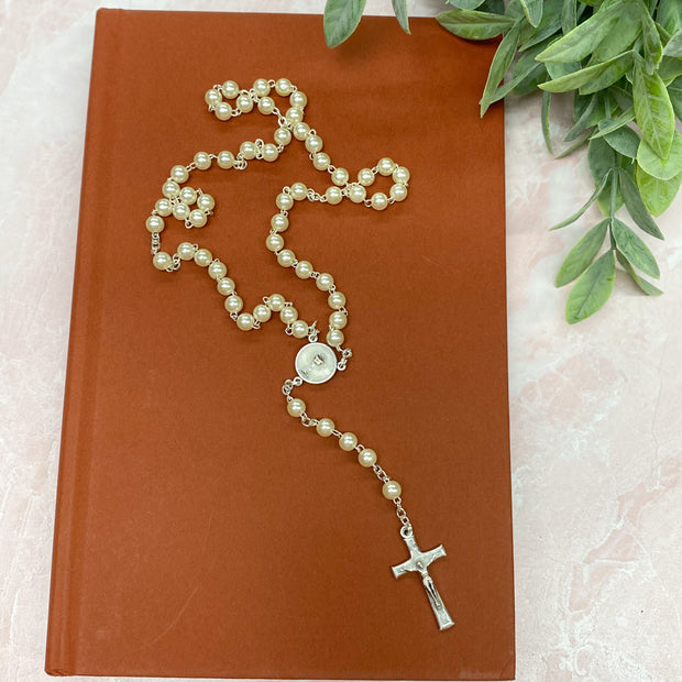 5mm White Pearl Aurora Borealis Bead Communion Rosary Boxed Crossroads Collective